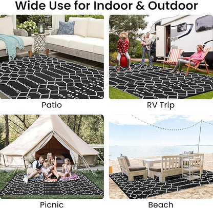 Smiry Outdoor Rug 6x9 ft, Waterproof Reversible Plastic Straw Rugs, Boho Outdoor Area Rug, Outside Floor Mat for Patio, Backyard, Deck, Picnic, Beach, Camping, Black