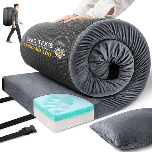 Memory Foam Camping Mattress Sleeping Pad,3 Inch Waterproof Camping Mat to Portable Roll Up Mattress for Floor,Car,Tent Travel,Cot,Soft Thick Sleeping Mat for Kids Adults Camping Sleepover