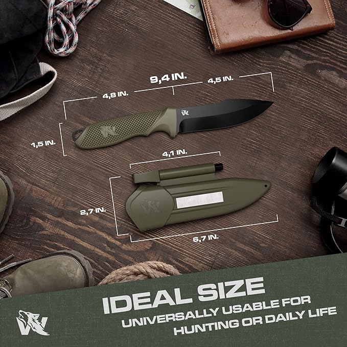 WOLF-III Full Tang Survival Knife with Fire Starter and Sheath - Stylish Tactical Fixed Blade Knife - Made of D2 Steel - Bushcraft and Camping Knife - With Belt Loop, Plug Lock & Multi Lok