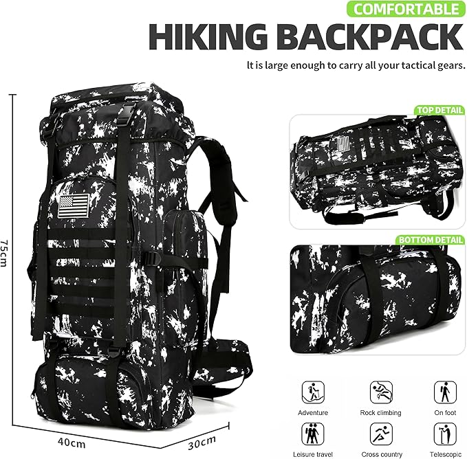 70L Camping Hiking Military Tactical Backpack Outdoor Water-Repellent Adjustable Sport Bags