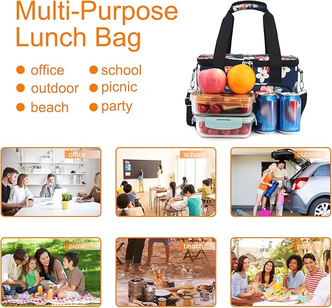 Femuar Lunch Bags for Women/Men, Insulated Lunch Bag for Work Office Picnic - Large Lunch Cooler Bag Leakproof Lunch Box with Adjustable Shoulder Strap for Adults - Floral(15L)