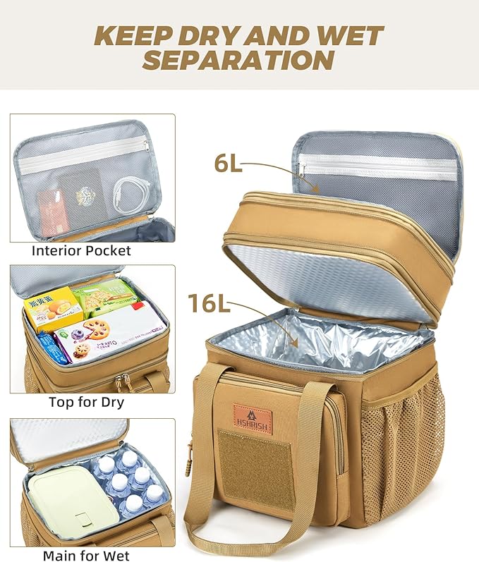 Expandable XLarge Tactical Lunch Box for Adults, Waterproof Insulated Lunch Bag with Lots of Storage Space, Durable Cooler Bag for Men Women Work Outdoor Picnic Trips, 22L(Brown), HSHRISH