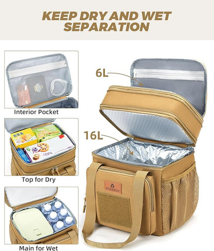 Expandable XLarge Tactical Lunch Box for Adults, Waterproof Insulated Lunch Bag with Lots of Storage Space, Durable Cooler Bag for Men Women Work Outdoor Picnic Trips, 22L(Brown), HSHRISH