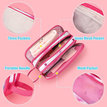 WAWSAM Toiletry Bag for Girls - Kids Toiletry Bag Christmas Birthday Gift Camping Travel Toiletry Case Toiletries Makeup Cosmetic Pouch Pink Water-resistant Wash Bag Dopp Kit with Mesh Pocket