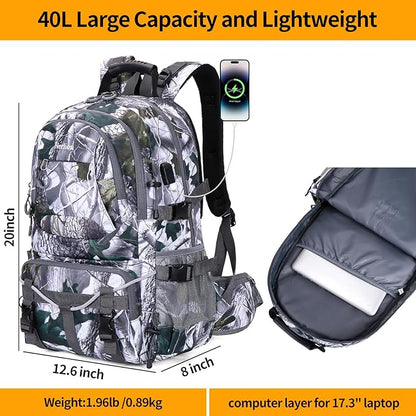 Nerlion 40L Hiking Backpack Travel Backpack for Men Women Camping Waterproof Outdoor Hiking Daypack Lightweight Backpack (White Leaves)