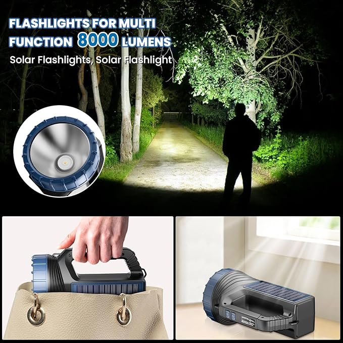 Solar Flashlights, Solar Flashlight Flashlights For Multi Function 8000 Lumens Led Flashlight With Emergency Strobe Light Emergencies, Led High Lumens, Usb C And Large Capacity Battery Fast Charging