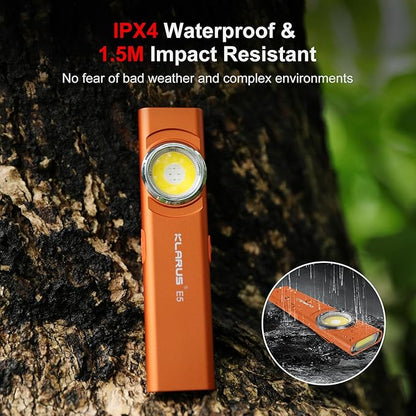 klarus E5 Pocket Flashlight, Rechargeable EDC Flashlight, Super Slim Flat 4.2x1x0.3inch, 470 Lumens, USB-C Port, IPX4, Dual Light Source with Magnetic Base, Hat & Clothes Clip - Orange