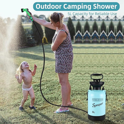 Finderomend Portable Shower for Camping with 7 Spray Modes, 1.3 Gallon Hand Press Camping Shower with Removable Hose and Shower Head,5L