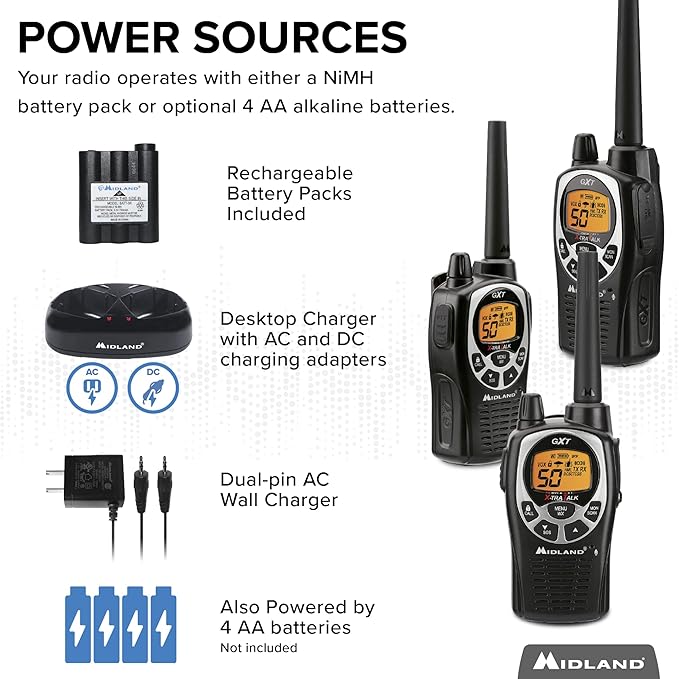 Midland® - GXT1000X3VP4 - Walkie Talkie Long Range Two-Way Radio - 50 Channel GMRS Radio - 142 Privacy Codes, SOS Siren, and NOAA Weather Alerts and Weather Scan - Black/Silver, 3-Pack