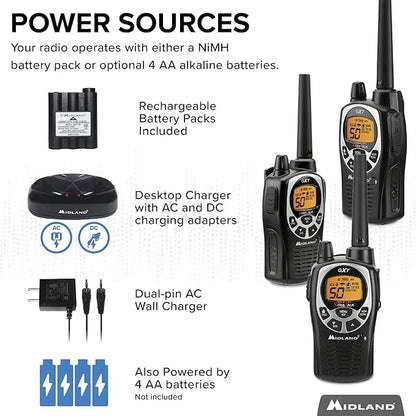 Midland® - GXT1000X3VP4 - Walkie Talkie Long Range Two-Way Radio - 50 Channel GMRS Radio - 142 Privacy Codes, SOS Siren, and NOAA Weather Alerts and Weather Scan - Black/Silver, 3-Pack