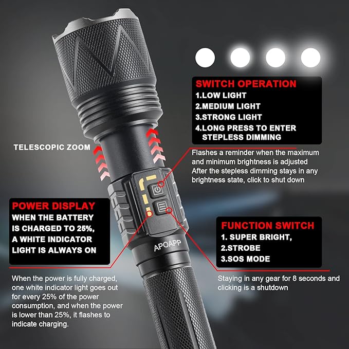 LED Torch High Lumen, Powerful 8000 Lumen Super Bright Torch with USB Cable, Multifunctional Promise Dimming Zoomable Waterproof Tactical Torch for Hunting, Fishing Outdoor Camping