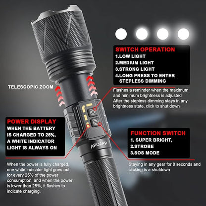 LED Torch High Lumen, Powerful 8000 Lumen Super Bright Torch with USB Cable, Multifunctional Promise Dimming Zoomable Waterproof Tactical Torch for Hunting, Fishing Outdoor Camping