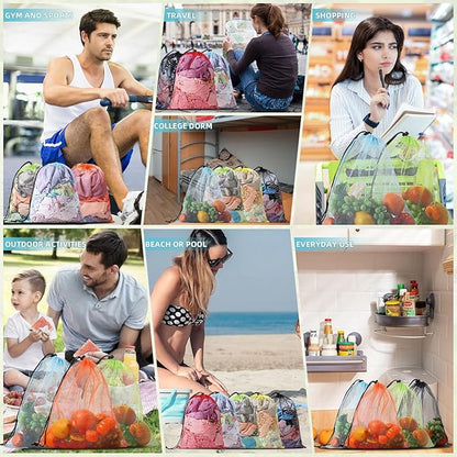 20PCS Mesh Bags: Nylon Mesh Drawstring Bags, 13"X15.5", Black, Navy Blue, Green, Light Red, Hot Pink, Orange, Grey, Purple, Yellow - Gym, Shower, Travel, Laundry, Storage, Organization, Beach