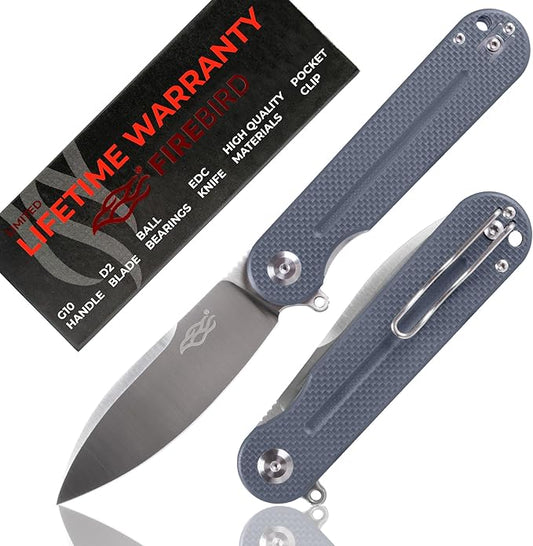 Firebird GANZO FH922-GY-US Pocket Folding Knife D2 Steel Blade G10 Anti-Slip Handle with Clip Camping Hunting Fishing Outdoor EDC Pocket Knife Best Gift for Men Women (Grey)