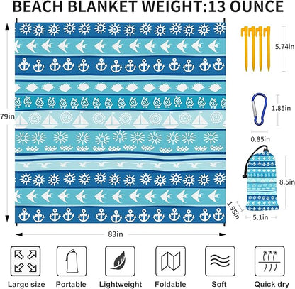 Large Beach Blanket Waterproof Sandproof 79"x 83" for 1-4 Adults,Quick Drying Beach Mat,Lightweight & Durable,Beach Essentials for Family Beach Camping Travel Picnic (Blue Stripe)