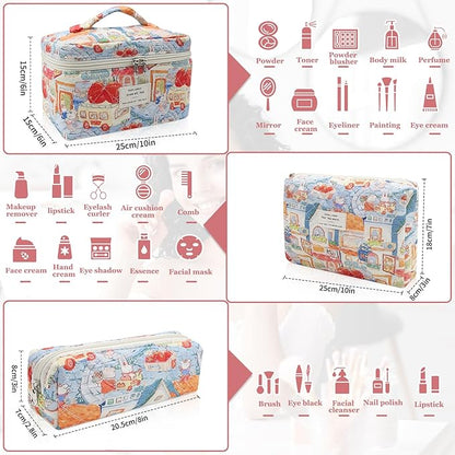 3pc Makeup Bag Set, Quilted Makeup Bag Set, Large Floral Cosmetic Bag for Women, Cute Cotton Makeup Bags, Flower Travel Toiletry Organizer Bag (Rabbit Print)