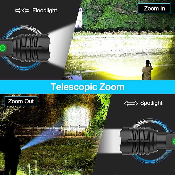 Flashlights High Lumens Rechargeable (Battery Included), 100000 Lumens XHP70.2 Super Bright LED Flashlight with Holster, Type-C, 5 Modes, Zoomable, IPX6 Waterproof Flashlights for Emergency Camping