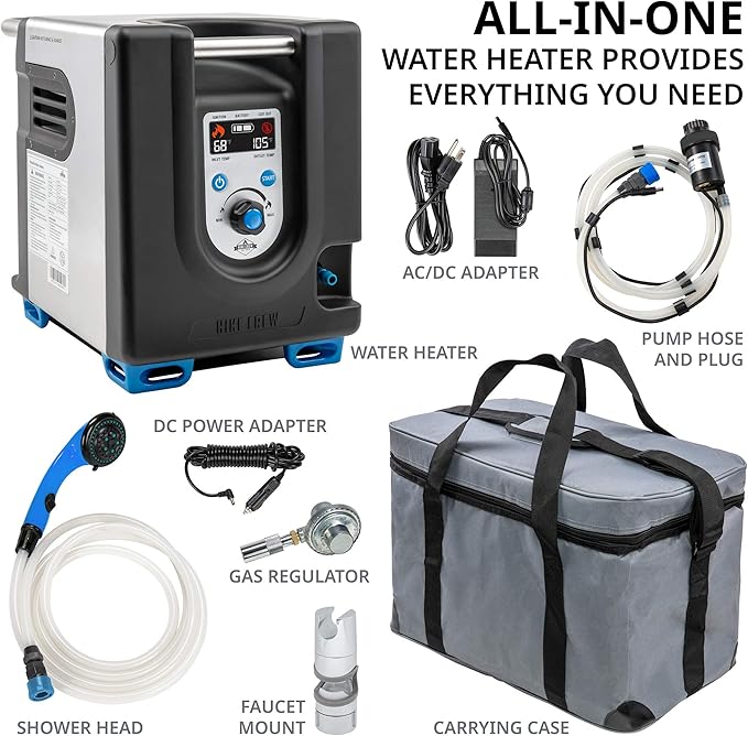 Hike Crew Portable Propane Water Heater & Shower Pump w/Built-in Battery | Compact Outdoor Cleaning & Showering System w/LCD, Safety Shutoff & Carry Case, Instant Hot Water for Camping & Hiking