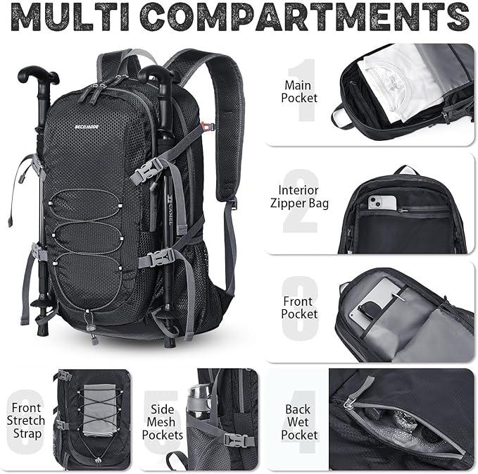 40L Lightweight Hiking Backpack Travel Packable Daypack for Women and Men, Black