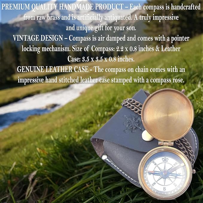 Engraved Brass Compass, Antique Nautical Vintage Directional Magnetic Compass, with Famous Scripture Quote, Baptism Gifts with Leather Case
