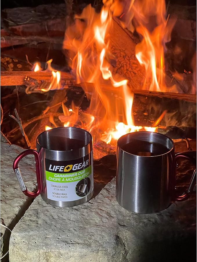 Life Gear Stainless Steel Double Walled Mug with Carabiner Handle - Portable Rockclimbing, Hiking, Backpacking or Camping Travel Cup 10 oz