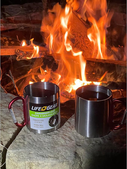 Life Gear Stainless Steel Double Walled Mug with Carabiner Handle - Portable Rockclimbing, Hiking, Backpacking or Camping Travel Cup 10 oz