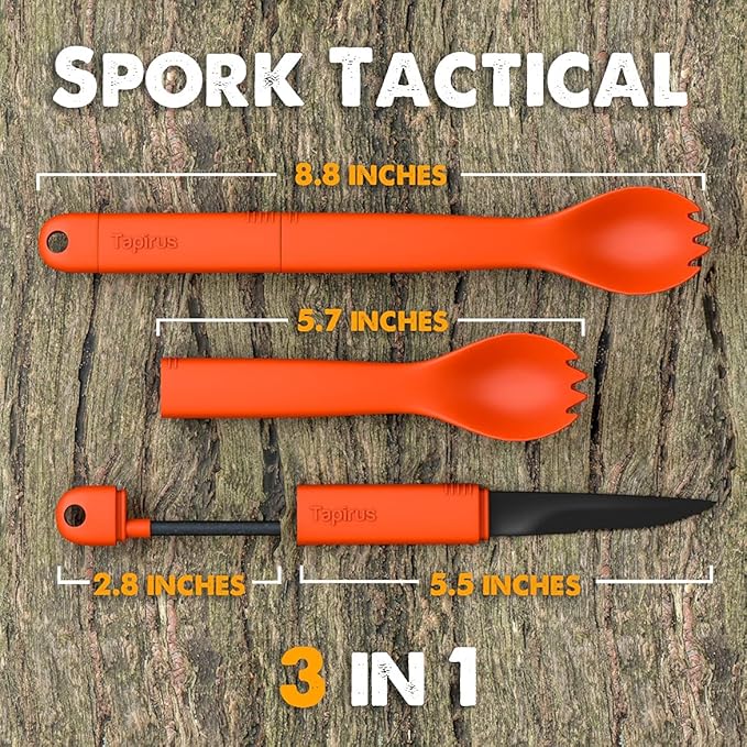 Tapirus Spork Tactical 2-pack Orange/Green | BPA Free Spork, Stainless Steel Knife and Fire Starter | 3 in 1 multipurpose utensil | Hiking, camping & backpacking gear | Fit for MRE