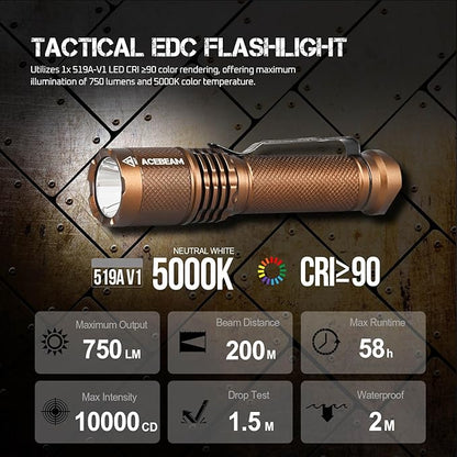 ACEBEAM TAC AA Tactical EDC Flashlight, 750 High Lumens Flashlight Rechargeable, 200 Meters Long Throw Pocket LED Flashlight, Super Bright Small Mini Flashlight, 519A-V1 LED 90+ High CRI Flash Light
