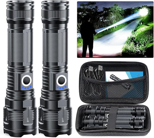Flashlights High lumens Rechargeable USB C Flash Light, Vnina Super Bright LED Flashlight with Case Box, 100000 Lumens, Long Beam 3280Ft, Waterproof Tactical Flashlight Powerful for Emergency, Camping
