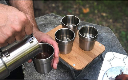 nCamp - Camping Coffee Cup Set, Insulated Stainless Steel Cups, Stackable Metal Cups, Stainless Steel Cup with Nylon Drawstring Bag, Made with 304 Stainless Steel, 6 oz, 4-Piece Set