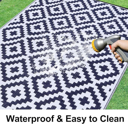 Smiry Waterproof Outdoor Rug 8x10 ft, Reversible Plastic Straw Patio Camping Rugs, Outdoor Indoor RV Mat Carpet for Patio, Outside Entry, Backyard, Deck, Bench, Picnic, Camper, White & Navy