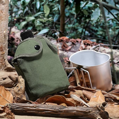 Military Canteen Cookware Set Include 1 QT Military Army Aluminum Alloy Canteen 0.5 QT Multi-Functional Water Bottle with Grab Handled Cup Green Canvas Cover Bag for Outdoor Camping Hiking