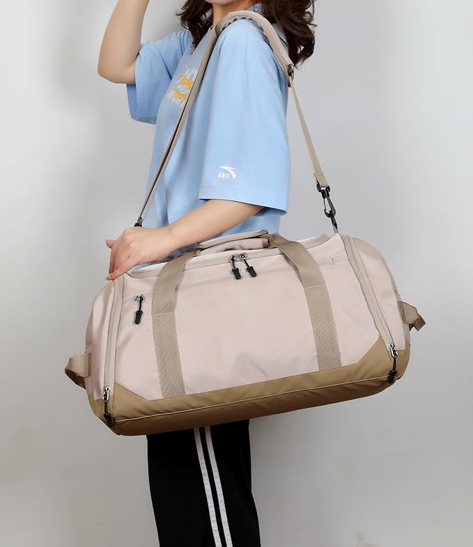 Gym Bag for Men Women, Large Sports Travel Duffle Bag with Wet Pocket & Shoe Compartment, 35L Waterproof Lightweight Carry On Overnight Weekender Bag for Workout, Fitness, Business - Beige