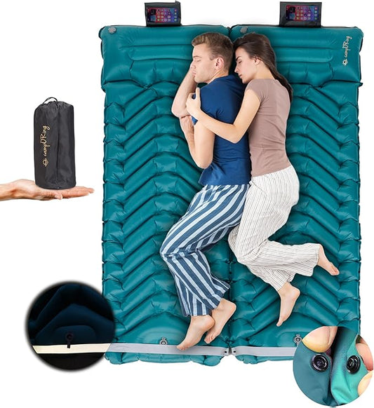 Double Inflatable Camping Sleeping pad, Thick 4 inch Ultralight Sleeping mat with Pillow, Sleeping pad with Built-in Foot Pump for Camping, Backpacking, Hiking, Traveling.