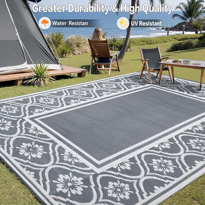 Outdoor Rug 8x10 Patio Waterproof Mat Camping Carpet Outside Area Rug Reversible Grey Rugs for RV Deck Entryance Porch Picnic Balcony Beach