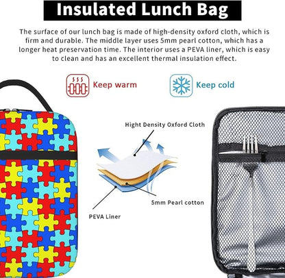 Colorful Puzzle Rainbow Piece Insulated Lunch Bag Reusable Cooler Lunch Box Portable Leakproof Thermal Container Tote Bags for Girls Boys School Travel