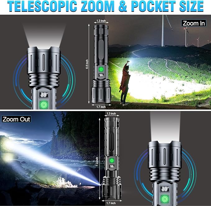 Flashlights 20000 High Lumens Rechargeable - 1500 Meters Long Beam Super Bright LED Flash Light with Power Display & IPX5 Waterproof for Camping, 20H Runtime,5 Modes,Zoomable with Belt Holsters