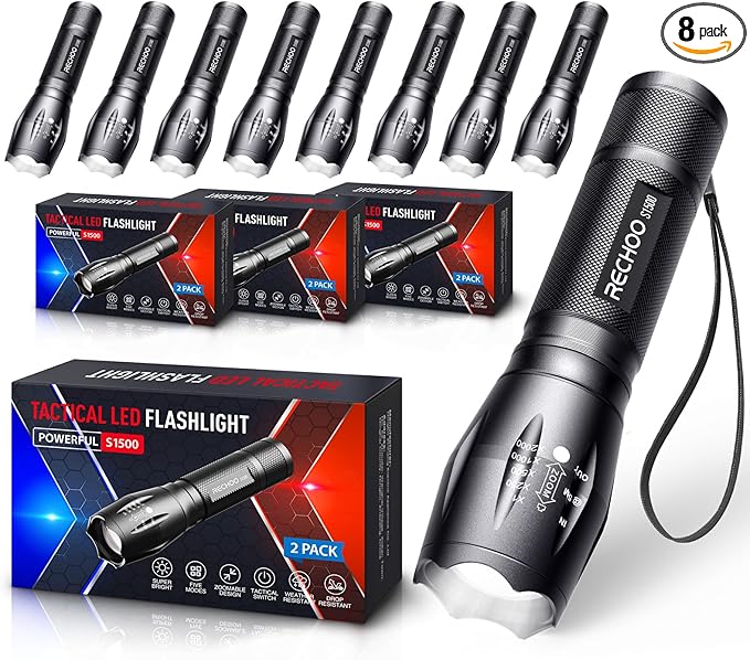 RECHOO 8 Pack LED Flashlight, Bright Powerful Flash Light with 5 Lighting Modes, Small Zoomable Tactical Flashlights High Lumens, Waterproof EDC Flashlights for Home, Camping, Emergency - S1500