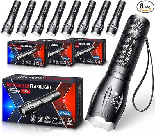 RECHOO 8 Pack LED Flashlight, Bright Powerful Flash Light with 5 Lighting Modes, Small Zoomable Tactical Flashlights High Lumens, Waterproof EDC Flashlights for Home, Camping, Emergency - S1500