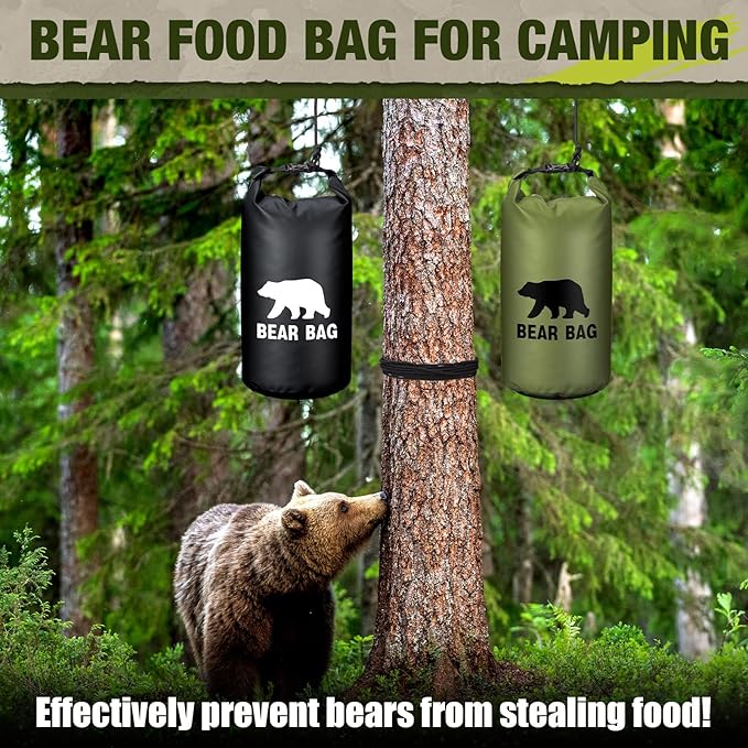 2 Sets Bear Food Bag for Camping Ultralight Food Bag Hanging System Includes 2 Pcs 10 L Waterproof Bear Bag Pulley System and 4 Pcs Nylon Ropes 4 Pcs Clips 2 Pcs Rock Pouch