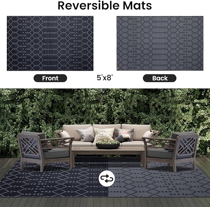 Smiry Outdoor Rug 5x8 ft, Waterproof Reversible Plastic Straw Rugs, Boho Outdoor Area Rug, Outside Floor Mat for Patio, Backyard, Deck, Picnic, Beach, Camping, Dark Grey