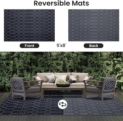 Smiry Outdoor Rug 5x8 ft, Waterproof Reversible Plastic Straw Rugs, Boho Outdoor Area Rug, Outside Floor Mat for Patio, Backyard, Deck, Picnic, Beach, Camping, Dark Grey