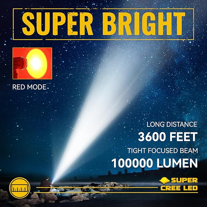 Durapower Rechargeable Spotlight, 200000 Lumen Super Bright LED Handheld Spotlight, IP68 Waterproof Spotlight Flashlight Portable Marine Boat