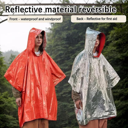 Emergency Poncho with Mylar Lined Hood, Reflective, Thickened Double Sided, 90% Heat Retention, Orange, Ultralight Outdoor Survival Blanket for Men, Women, Adults, Camping, Hiking