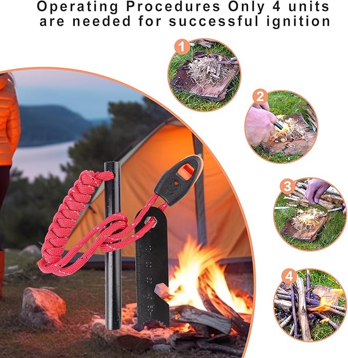 Ferro Rod Fire Starter 4 Pack Flint Fire Starter Survival Tool Flint and Steel Fire Starter Kit 6-in-1，Fire Steel with Paracord and Whistle for Camping, Hiking, Hunting, Emergency Rescue…