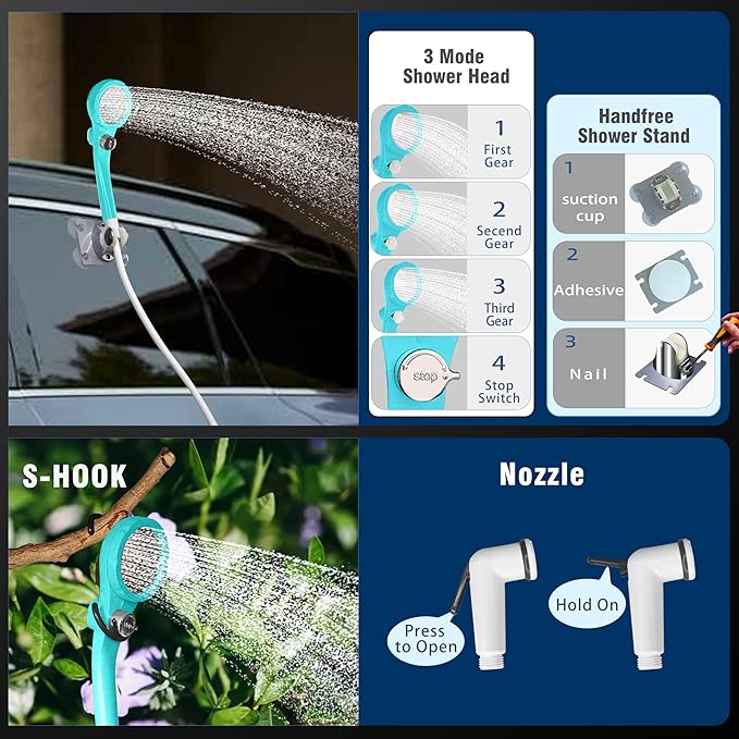 Portable Camping Shower Pump: 6000mA Rechargeable Battery Water Pump for Traveling Hiking - Camp Bucket Shower Head for Outdoor
