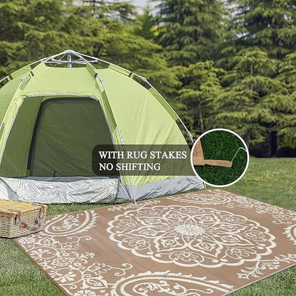Pauwer Waterproof Outdoor Rug 6x9, Reversible Plastic Straw Patio Camping Rug, Indoor Outdoor RV Mat Carpet for Deck, Camper, Porch, Balcony, Backyard, Picnic, Boho Brown