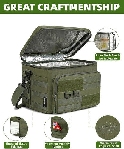 Tactical Lunch Box, RalChyez 13L Large Insulated Lunch Bag MOLLE Webbing Leakproof Thermal Cooler with Shoulder Strap Lunch Pail for Adult Men Women Office Work Camping Picnic Travel Green
