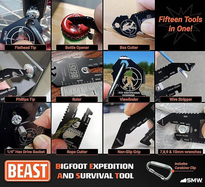 BEAST & BRUTE Combo Pack - Multi-Tool & Bottle Opener, Bigfoot gift for fans of Sasquatch, Yeti, Camping, Hiking - With Screwdriver, Wrench, Carabiner, Box Opener, 1/4" Drive