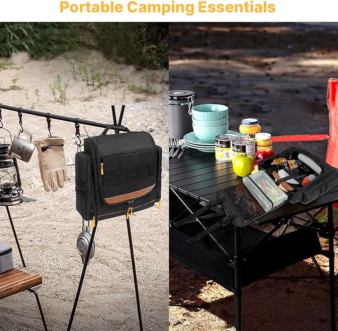 Large Tactical Hanging Camping Cookware Bag, Camping Kitchen Organizer with Paper Towel Holder and Multi Pockets, Camping Cooking Utensils Organizer for RV Tent Camper and Grilling, Bag Only (Black)
